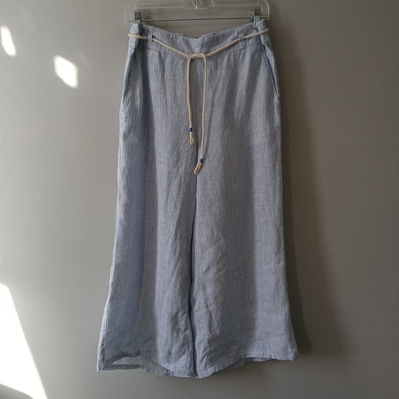 Tahari Pants - Tahari Size Medium Wide Leg Pants Rope Belt Striped Ankle Length 100% Linen